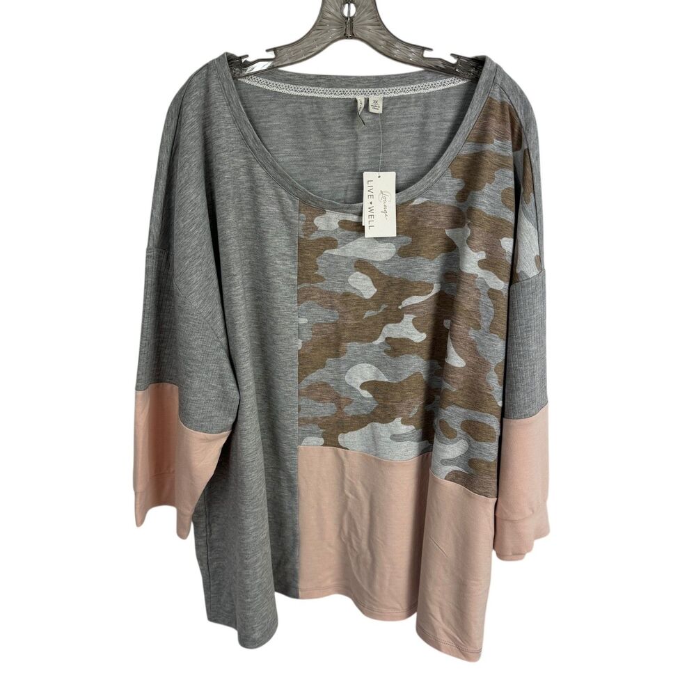 Live Well Lounge boy Cato Women's Top Size 3X Gray/Camo Block Print NEW